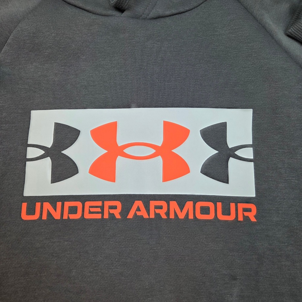 Under Armour Hoodie Mens Medium Gray Orange Rival Fleece Graphic Pullover Logo